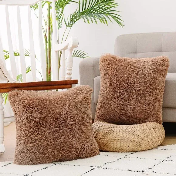 Tan/Khaki Luxury Furry Faux Fleece Pompom Cute Dorm Throw Pillow Decor Cover Set - Picture 3 of 8